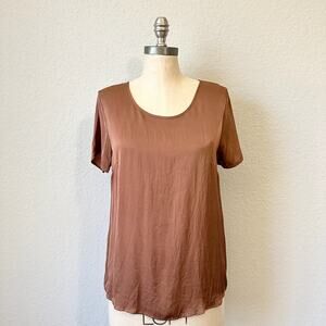 QUINCE Washable Silk T-Shirt Copper Brown Stretch Satin Tee Minimalist